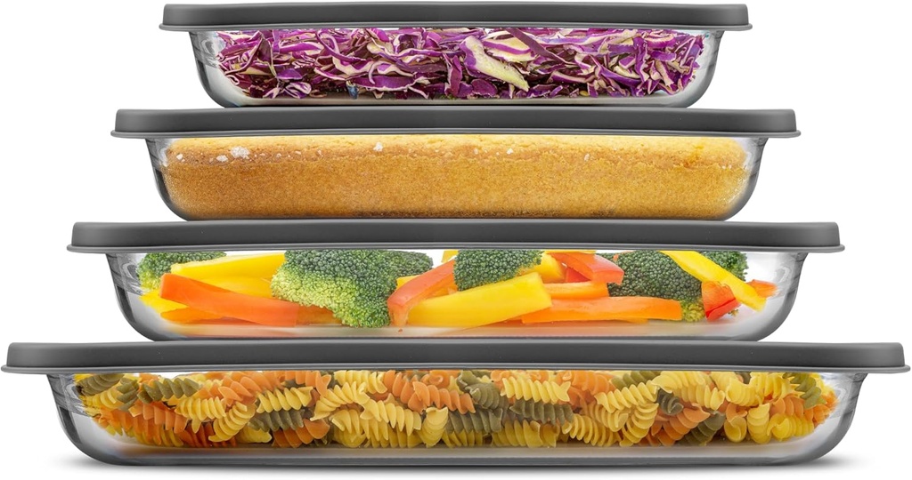JoyJolt 8-Piece Borosilicate Glass Oven Dishes with Black Lids, Rectangle Deep Glass Baking Dish Set, Baking Pans for Lasagna Casserole Cake, Bakeware Set, Freezer to Oven Tray to Dishwasher