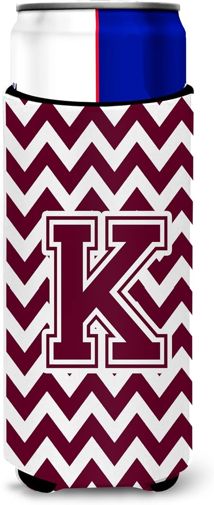 Letter K Chevron Maroon and White Ultra Beverage Insulators for slim cans