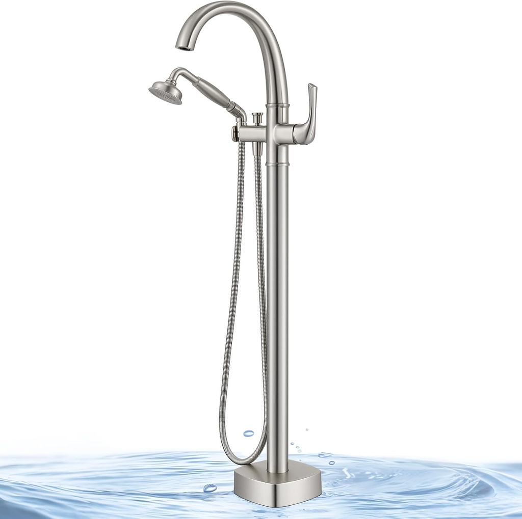 Free Standing Tub Faucet, Jabbol Luxury Freestanding Bathtub Faucet with Sprayer, Brass Bathroom Floor Mount Tub Filler, Brushed Nickel (JB-8811BN)