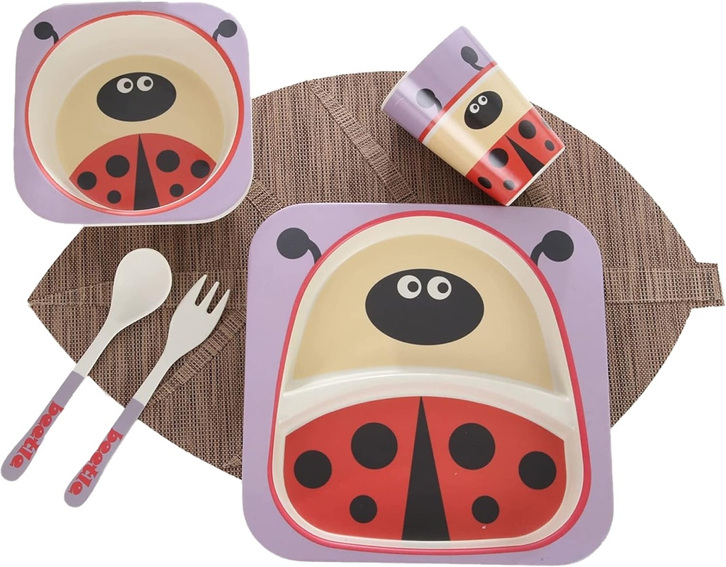 Bamboo Kids Plate and Bowl Set | Matching Dishes for Toddlers Ages 1+ | 5 Piece Divided Dinnerware Set Includes Plate, Bowl, Cup & Utensils | Reusable, BPA Free & Dishwasher Safe (Ladybug)