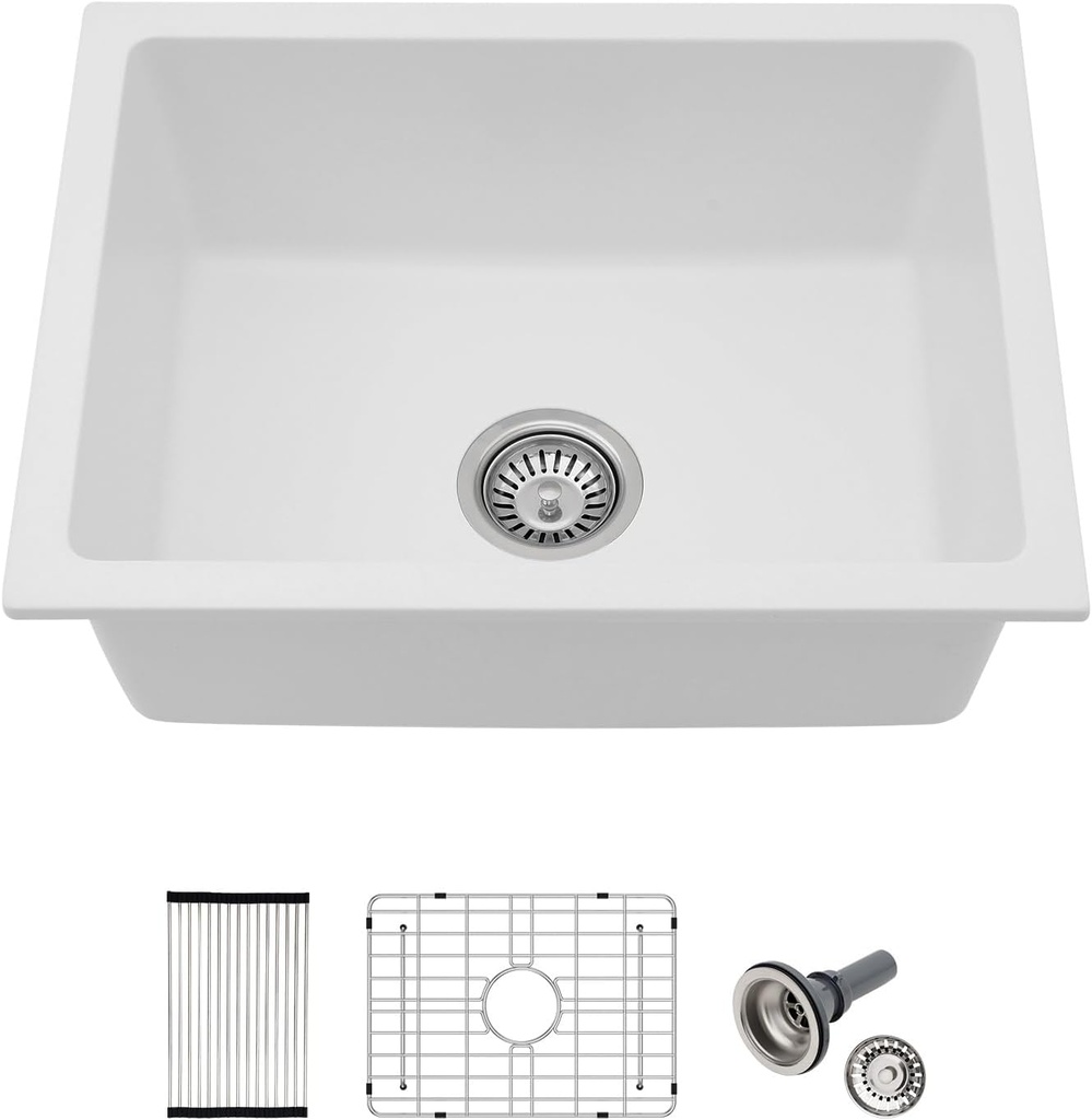 22 Granite Composite Kitchen Sink White - 22 inch Granite Sink Undermount Quartz Classic Under Counter Ledge Single Bowl Sink Basin(22"x17") LOF-GC2217