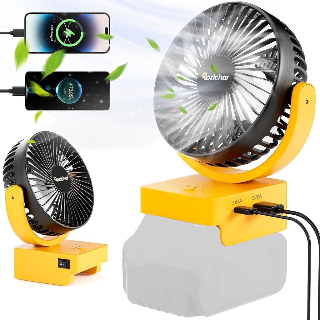 Rozlchar Portable Cordless Fan Compatible For DeWALT 18V 20V Battery, Work for DCB182 DCB183 DCB204 DCB206, Jobsite Fan w/USB A/C Fast Charging For Camping Workshop and Construction Site(No Battery)