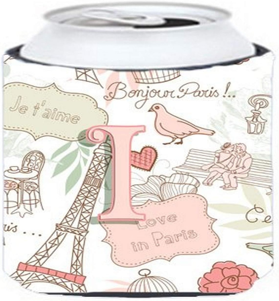 Caroline's Treasures CJ2002-ICC Letter I Love in Paris Pink Can or Bottle Hugger Cooler Washable Drink Sleeve Collapsible Beverage Insulated Holder, Can Hugger, Multicolor