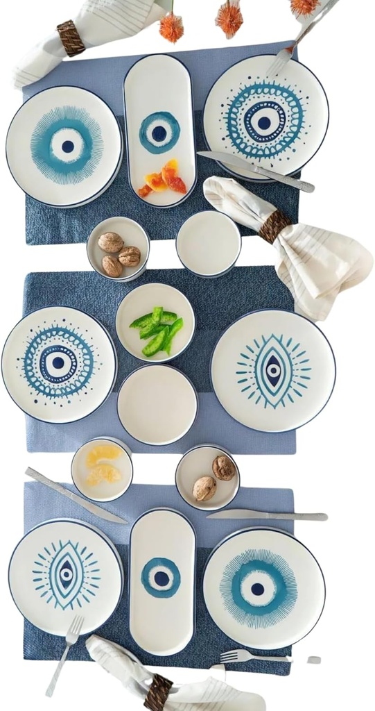 Handmade Ceramic Breakfast Set, Evil Eye Dinnerware Set, Turkish Boho Stackable Plates and Bowls, Unique Gift for Home Decor