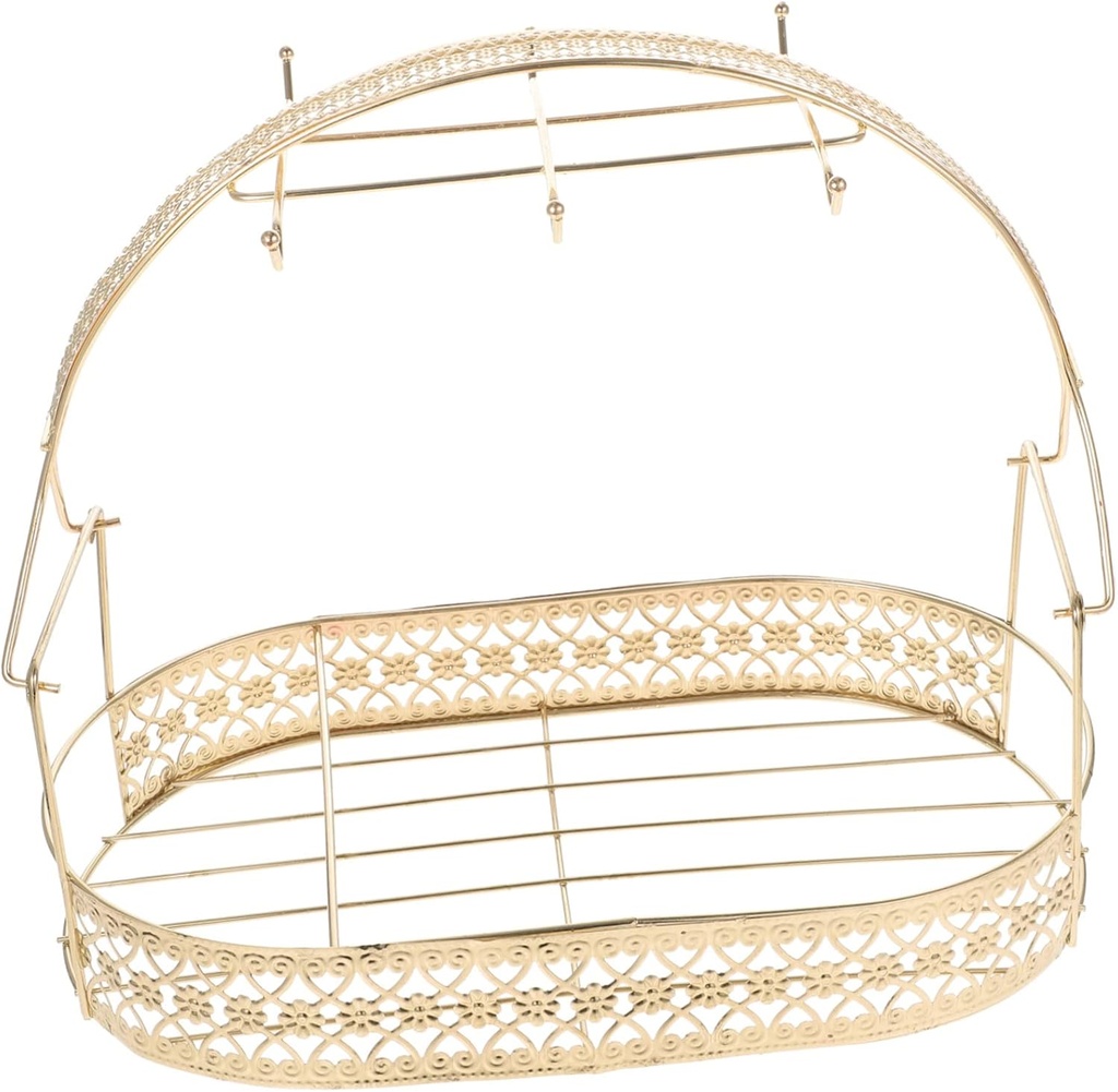 Housoutil Wrought Iron Cup Rack Golden Plated Storage Basket for Coffee Mugs Flatback Design Elegant Cup Organizer