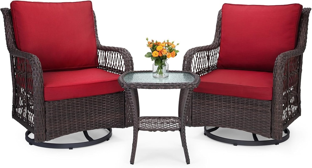 IDEALHOUSE 3 Pieces Outdoor Wicker Swivel Rocker Patio Set, 360-Degree Swivel Rocking Chair Elegant Wicker Patio Bistro Set with Tempered Glass Top Side Table (Red)