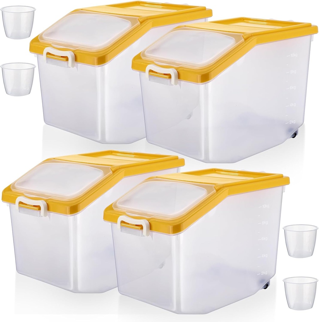 Sunnyray 4 Pcs Rice Storage Container 27.6 lb Airtight Flour Container with Wheels and Lids Measuring Cup Clear Pet Food Dog Birds Cat Food Bin Grain Cereal Organizer Box(Yellow)