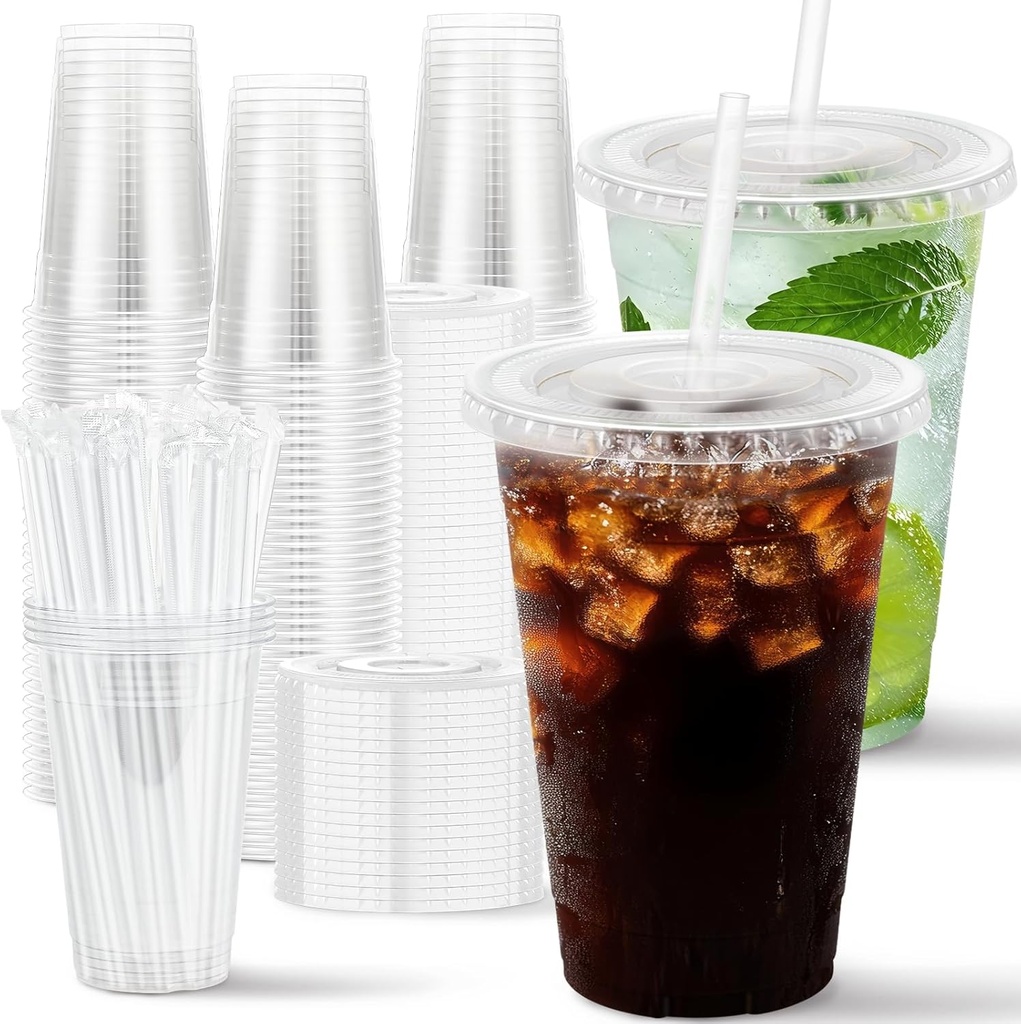 100 Pack 16 oz Disposable Plastic Cups with Lids and Straws, Clear Party Coffee Cups for Cold Beverages, Smoothies, Iced Coffee, and Leak-Proof, BPA-Free