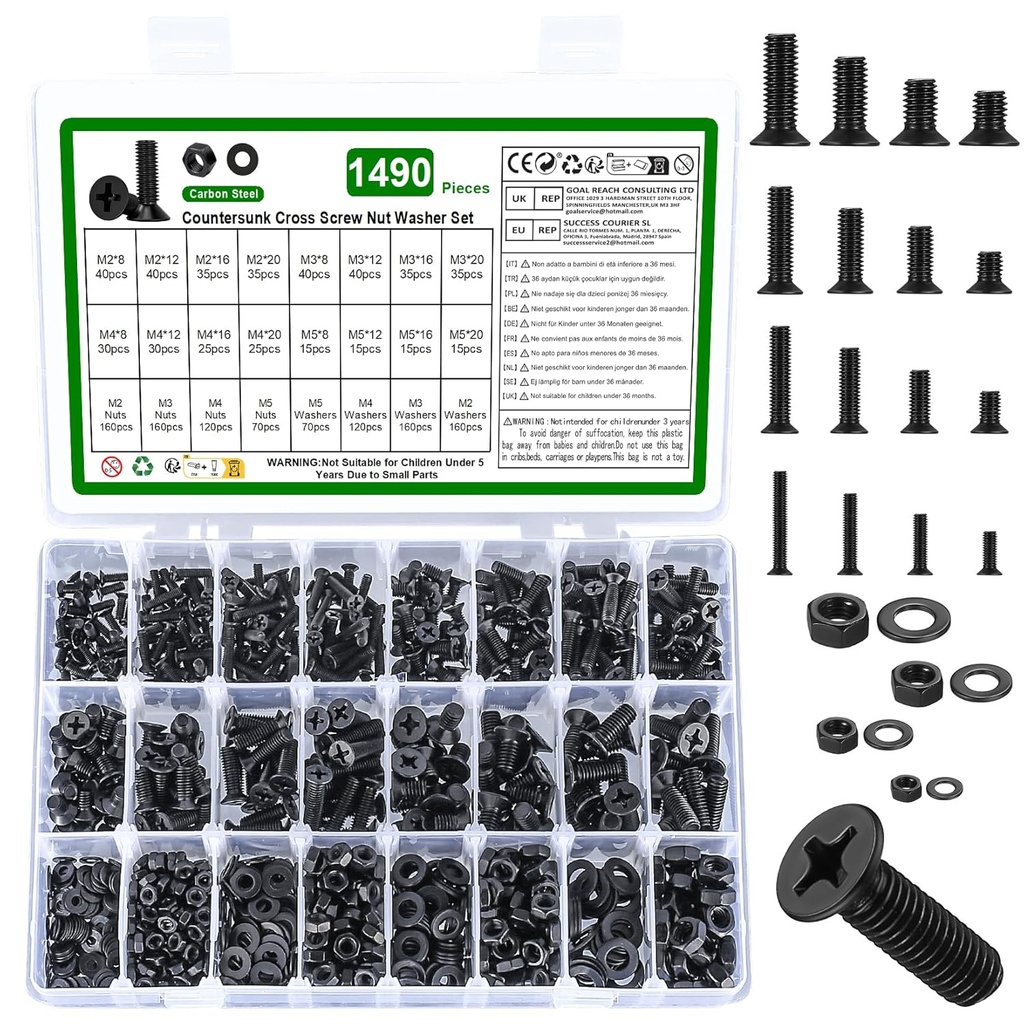 1490 Pcs M2 M3 M4 M5 Screws and Nuts Set, Countersunk Bolts and Nuts Assortment, Black Phillips Flat Head Machine Screws with Washers Set(M2 M3 M4 M5 Screw Kit, Black)