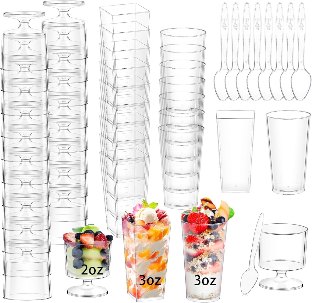 240 Packs 2/3 oz Mini Dessert Cups with Spoons, Square/Round/Round Goblet Clear Dessert Parfait Cups, Mini Plastic Dessert Cups Small Reusable Fruit Ice Cream Pudding Appetizer Cup Bowls