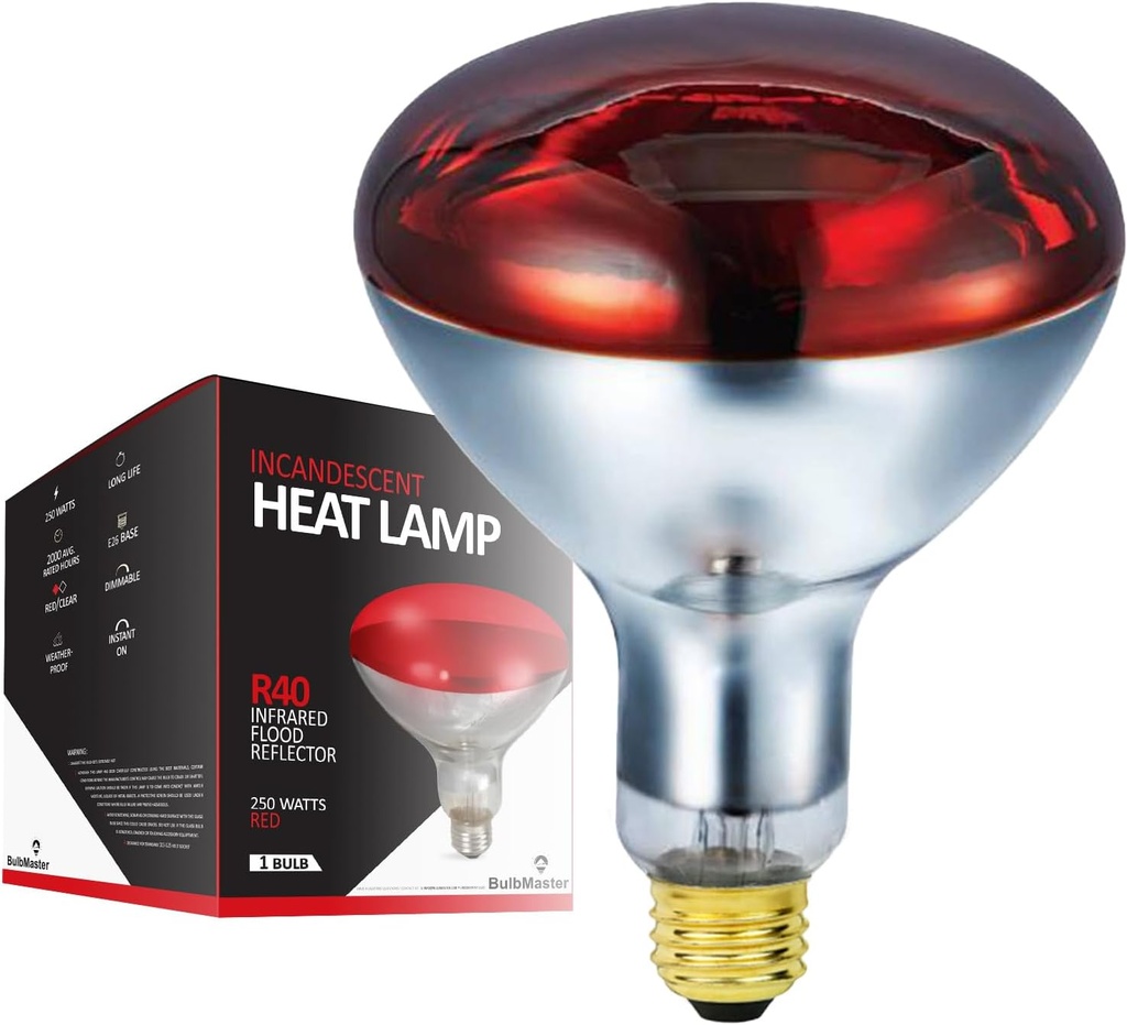 250 Watts R40 Red Heat lamp Light Bulbs Infrared Flood Reflector Incandescent Spotlight for Food Service, Brooder Bulb, Chicken, Pet, Bathroom, Light Therapy 250R40/HR Medium E26 Base 1 Pack