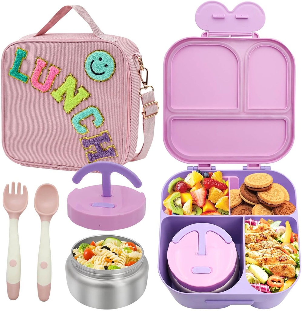 Girls Lunch Box with Bento, Bento Box with 4 Compartment, with Leak Proof Thermo Food Jar, Preppy Corduroy Insulated Lunch Bag for Girl Kids Teens School Travel Picnic, Pink
