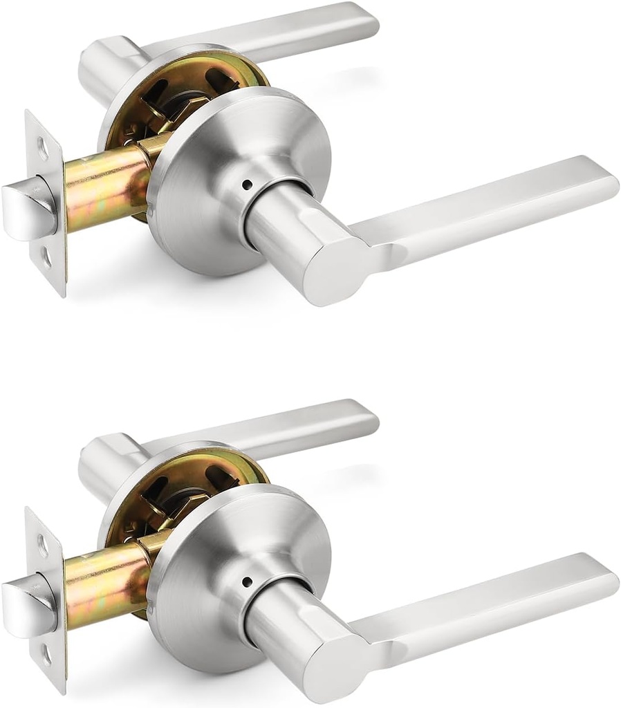 Mengico 2 Pack Brushed Nickel Interior Door Knob, Heavy Duty Passage Lever Door Handle for Closet Hallway,Modern Square No Lock Lever Door Handles