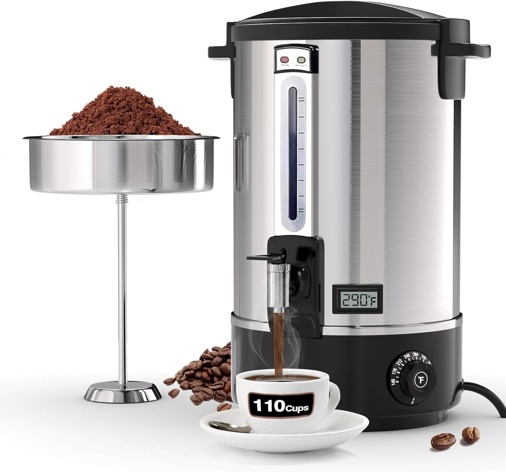 Commercial Coffee Urn, 110-Cup 16L Fast Brew Stainless Steel Hot Beverage Dispenser with Thermometer-Electric Hot Water Urn for Wedding, Party, Catering Events with Easy Cleaning(Double Wall)