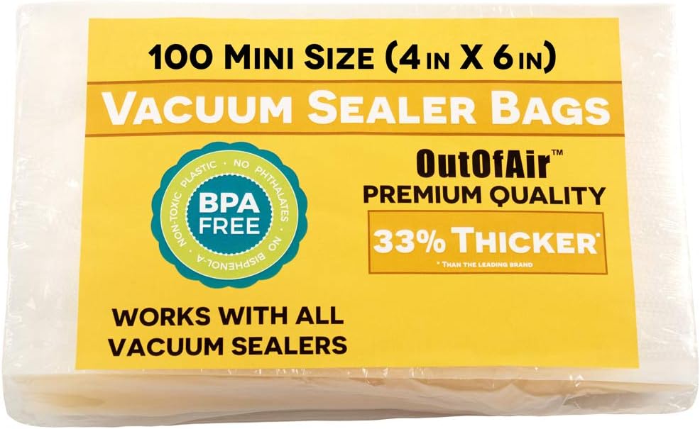OutOfAir 100 Vacuum Sealer Bags: 4" x 6" Pre Cut Bags - Works with FoodSaver & Other Machines - 33% Thicker BPA Free, 4 Mil Commercial Grade, 4 x 6 inches