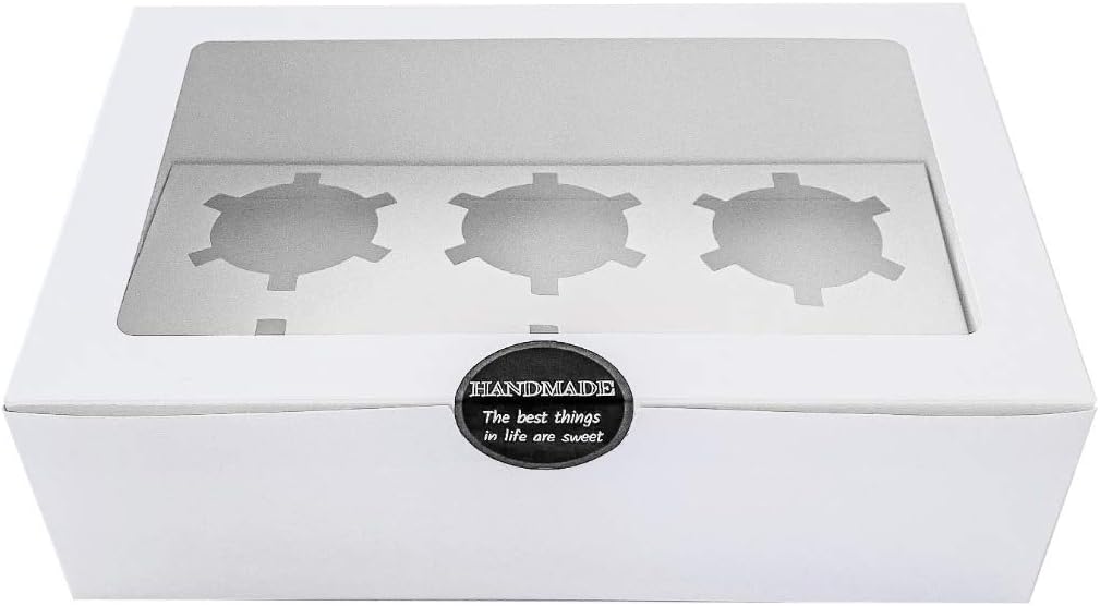 White Cupcake Boxes 6 Count: Disposable Containers 6 Count, Cake Holder with Lid, Bakery Boxes with Large Window, Carrier for Pastry and Cookies