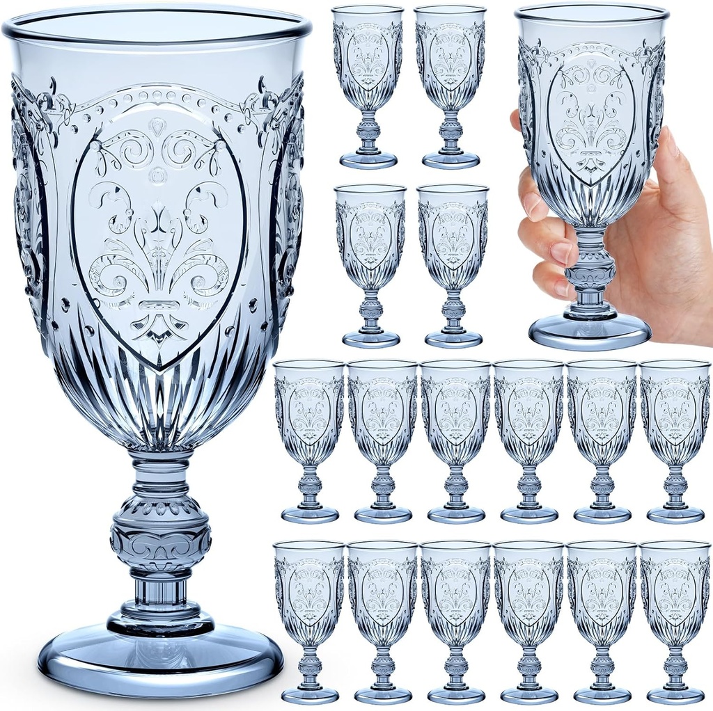 18 Pack Plastic Goblets 10oz Upgrade Vintage Water Goblet Plastic Wine Glasses Colored Retro Embossed Glassware for Party Wine Bar Juice Baby Shower Wedding Reception Grand (Blue)