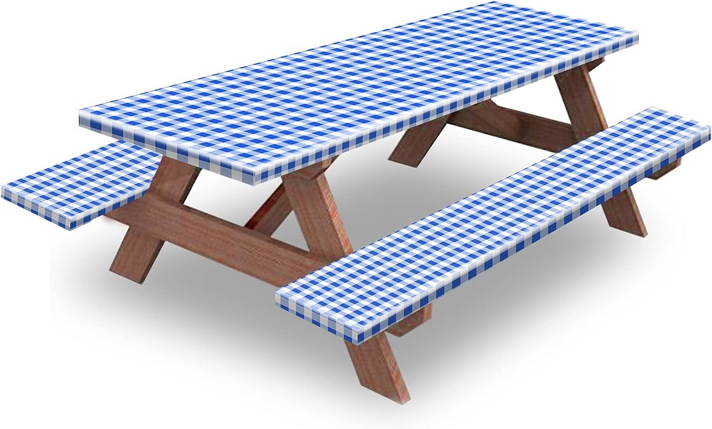 KENOBEE 6ft Picnic Table and Bench Cover, Camping Essentials RV Gear, 72in Waterproof Windproof Outdoor Elastic All Around Tablecloth, Fitted Rectangle Tables and Seats, Blue-White Checkered