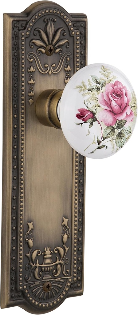 Nostalgic Warehouse Meadows Plate with Rose Porcelain Knob Complete Passage Set, Antique Brass