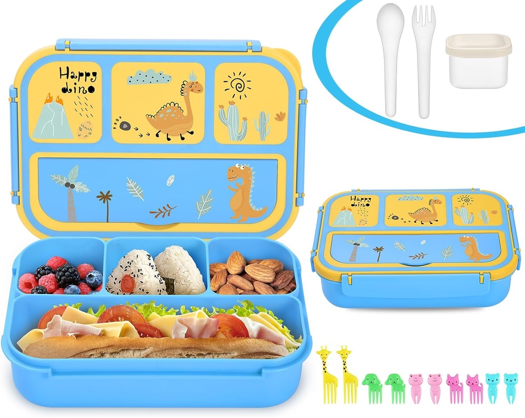 Lunch Box Kids, Bento Lunch Box for Girls Boys School, Lunch Containers for Adults Kids with 4 Compartments, Sauce Container, Utensils, Food Picks and Muffin Cups, Blue Dinosaur