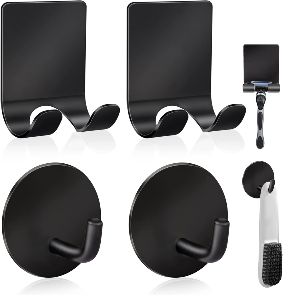 Diesisa Razor Holder 304 Stainless Steel for Shower + Adhesive Sticky Heavy Duty Waterproof Wall Hooks, Premium for Hanging Towels, Coat, hat (2+2 Pack) - Black