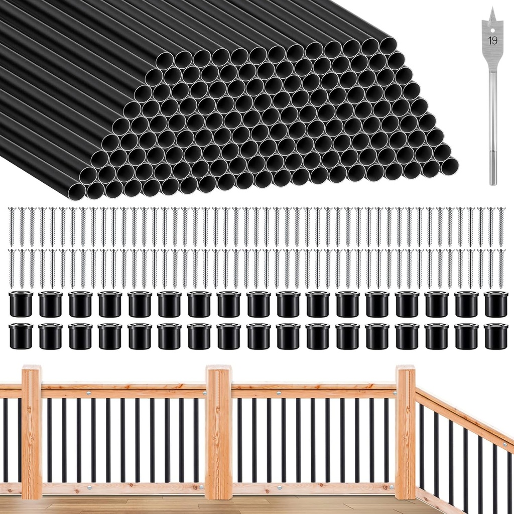 61 Pack 26 Inch Aluminum Deck Balusters 3/4 Diameter Black Metal Deck Railing, Hollow Round Deck Spindles with Connectors and Screws for Railing Fencing Porch Staircase Wood Composite Deck