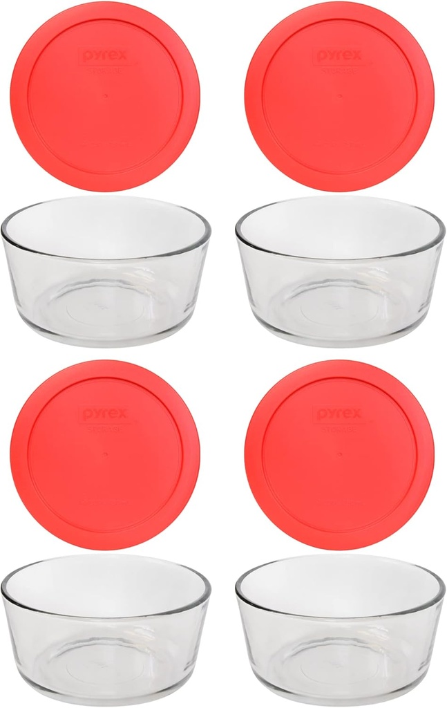 Pyrex Storage 4-Cup Round Dish with Red Plastic Cover, Clear (Case of 4 Containers)