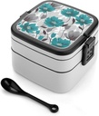 Teal Grey And White Floral Bento Box with Spoon, 2-layer Stackable Lunch Box Leak Proof with Invisible Handle, Insulated Food Storage for Office, Picnic & Travel