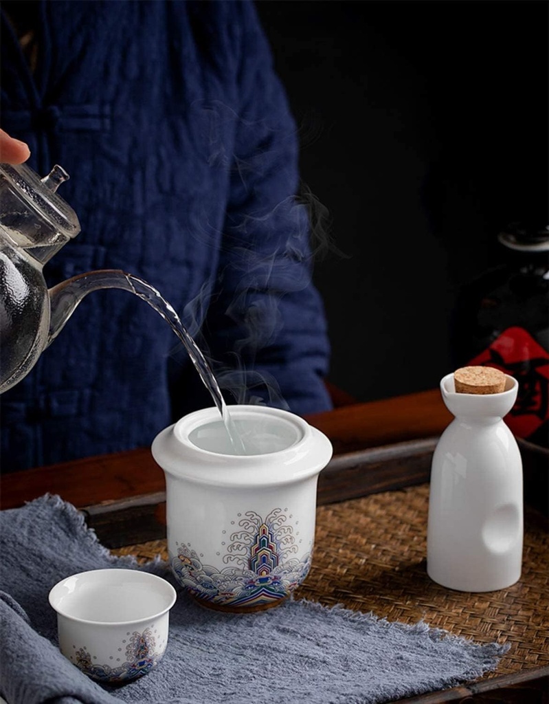 Sake Set Wave Pattern Sake Set Traditional Retro Porcelain Crafts, Wine Glass Set for Warm/Cold Sake Service GYL24824