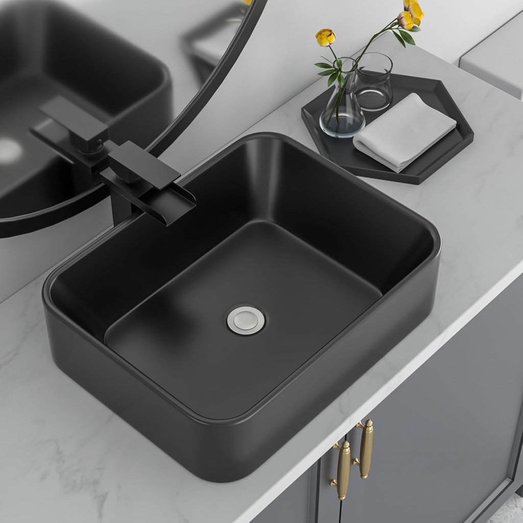 Black Bathroom Sink 19"x15" Vessel Sink Rectangule Bowl Sinks for Bathrooms Ceramic Above Counter Rectangular Vessel Bathroom Sink Porcelain Modern Large Sink Basin Lavatory Vanity Matte Black