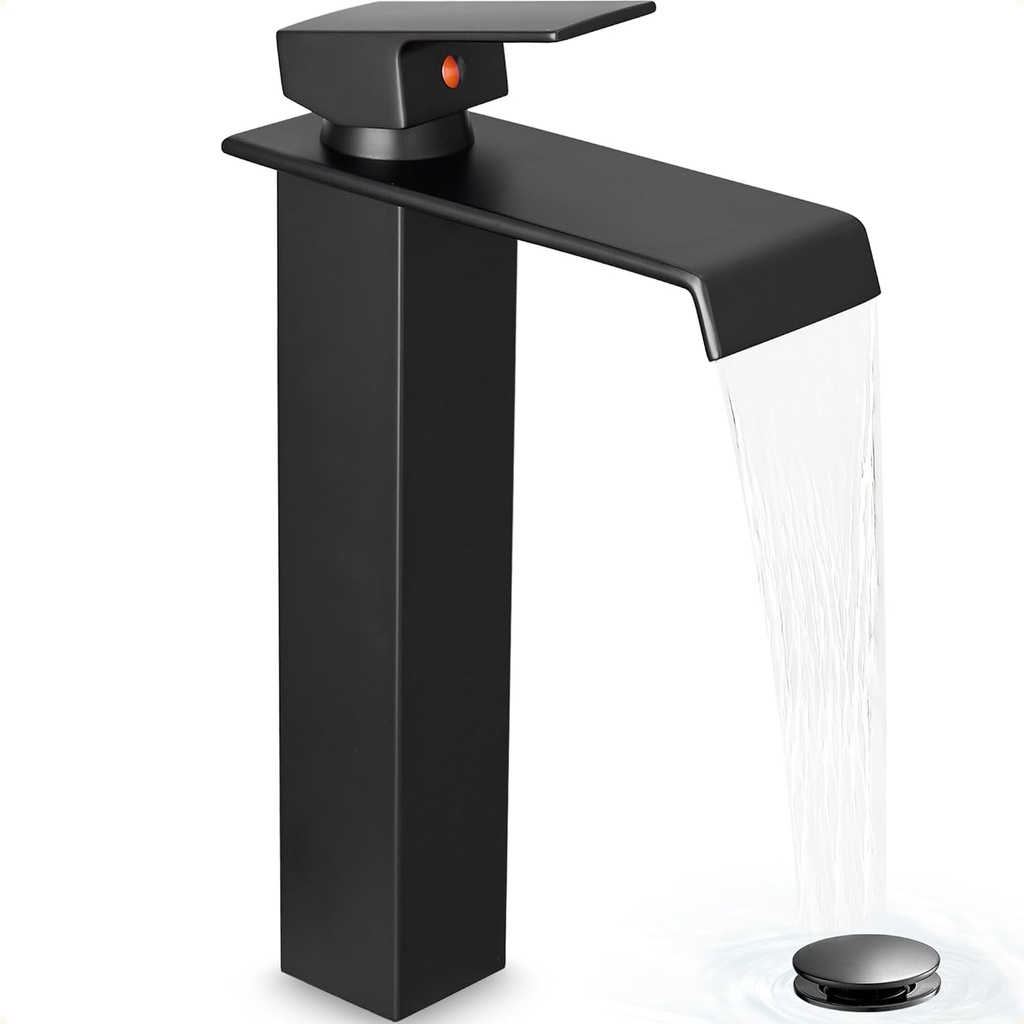 Brass Vessel Sink Faucet Black Waterfall Bathroom Faucet 1 Hole, Tall Bathroom Sink Faucet Single Handle, Modern Bathroom Faucets for Vessel Sinks with Pop Up Drain and Supply Hoses
