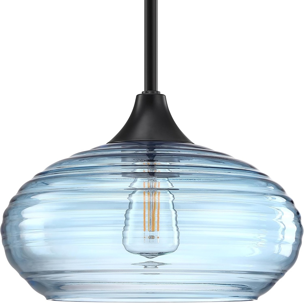 1 Light 10" Kitchen Island Hanging Pendant Light Farmhouse Dining Ancient Blue Glass Shade Light Fixture,with Black Finish for Bathroom,Over Sink