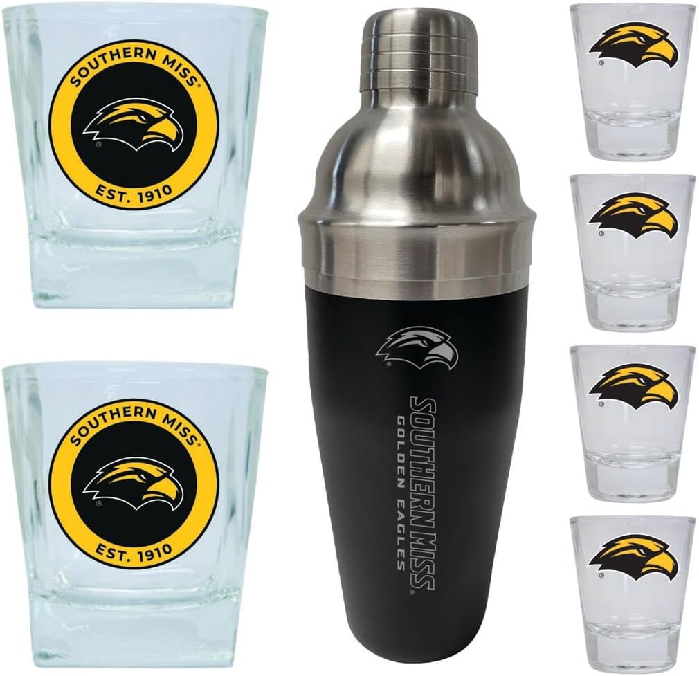 R and R Imports Southern Mississippi Golden Eagles Officially Licensed Collegiate Barware Set – 7-Piece Cocktail & Whiskey Glass Gift Pack