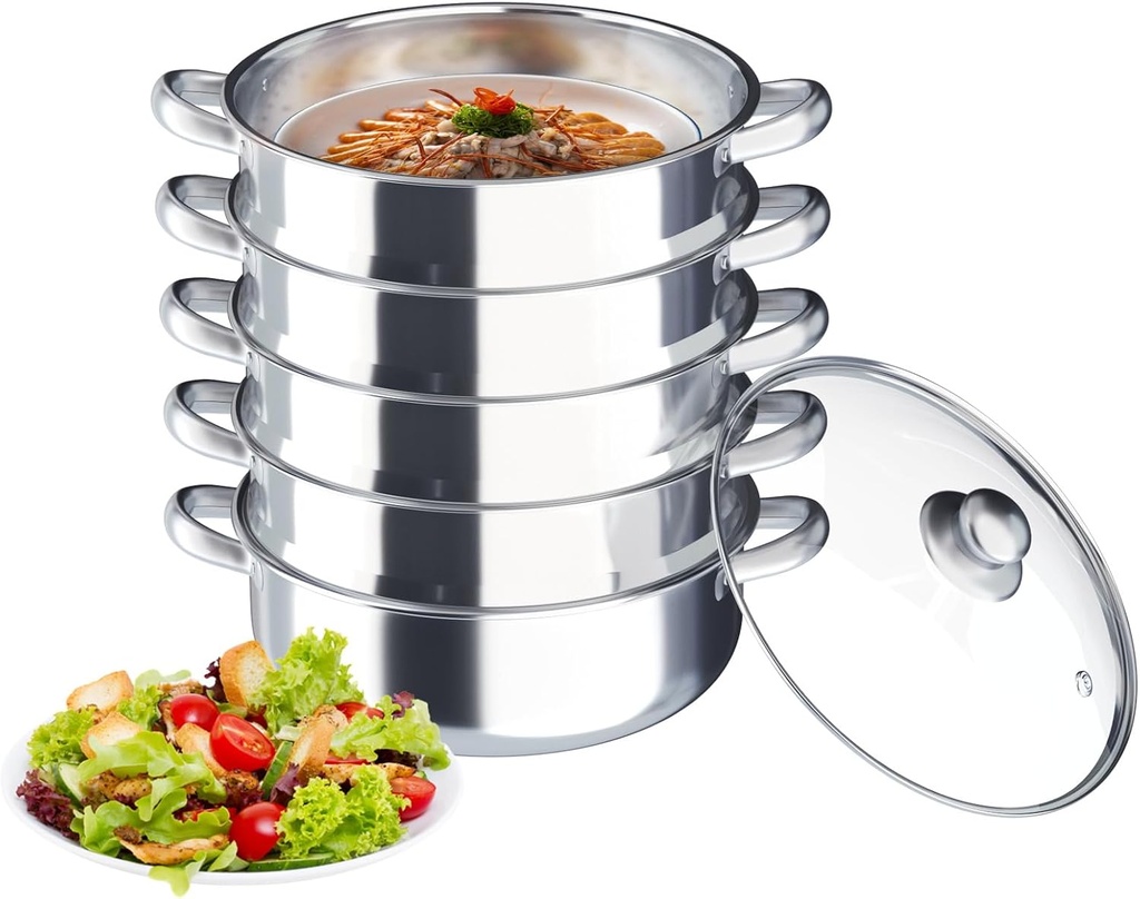 Steamer Pot 11.8in/30cm, 5 Tier Steamer Pot for Cooking with Pot Lid, Vegetable Steamers Stainless Steel Steamer Pot Seafood Soups, Stews and Pasta Pot