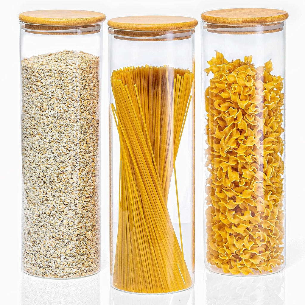 Crutello Glass Food Storage Containers with Bamboo Lids, 3 Pack - 72 Fluid oz Airtight Clear Kitchen Organization Canisters - A Family-Owned American Brand