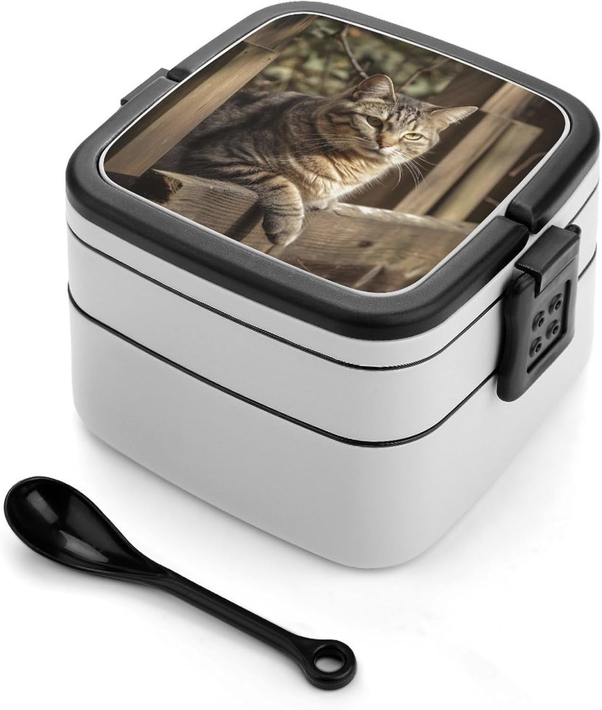 Personalize Double Layer Bento Box Cat on Wooden Fence Lunch Box - Durable, Leak-Proof with Spoon Adult Premium Bento Case for Work Travel Camping