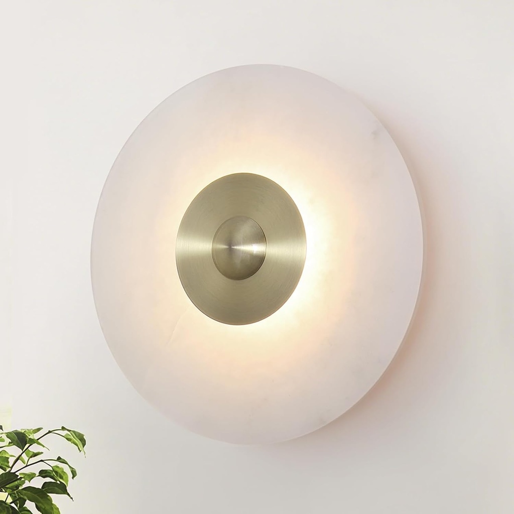 11.8" Round Alabaster Wall Sconce,Bronze Modern Bathroom Light Fixture with Natural Marble Shade for Bedroom, Hallway, Stairs (Hardwired)
