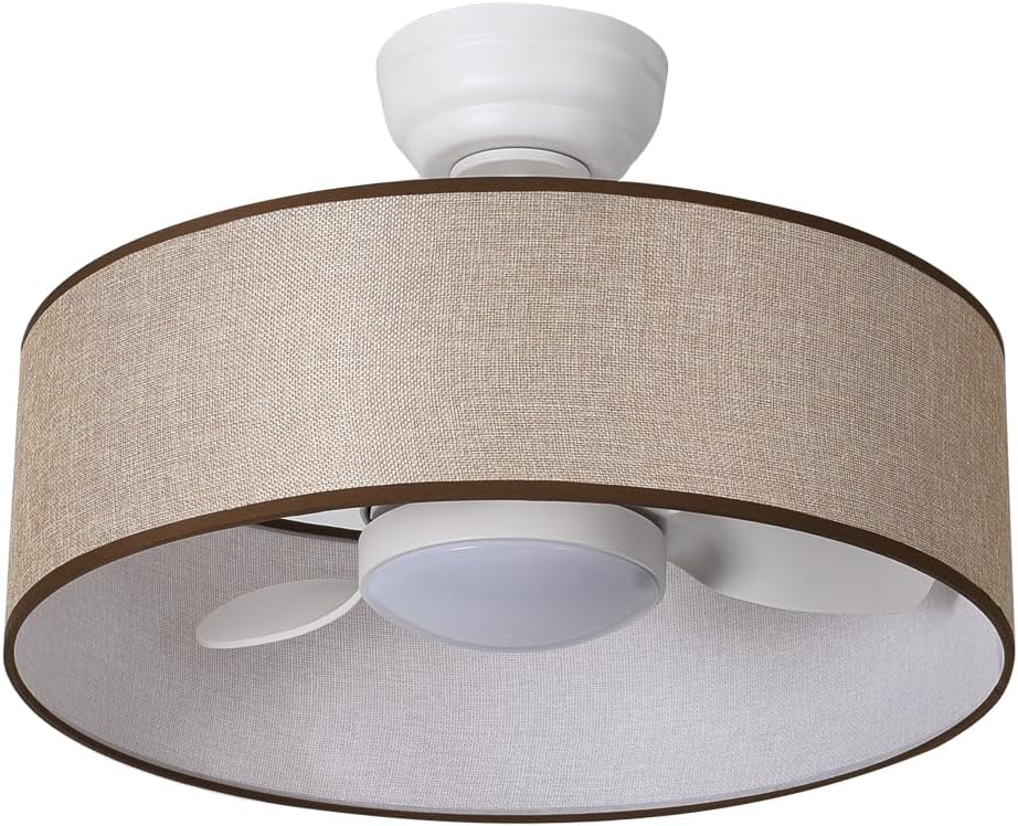 LED 20” Smart Linen Fabric Drum Dimmable Ceiling Fan with Light and Remote,Low Profile Round Lamp Lighting,Small Circle Semi Flush Mount Fandelier Fixture for Indoor Bedroom Dining Kitchen
