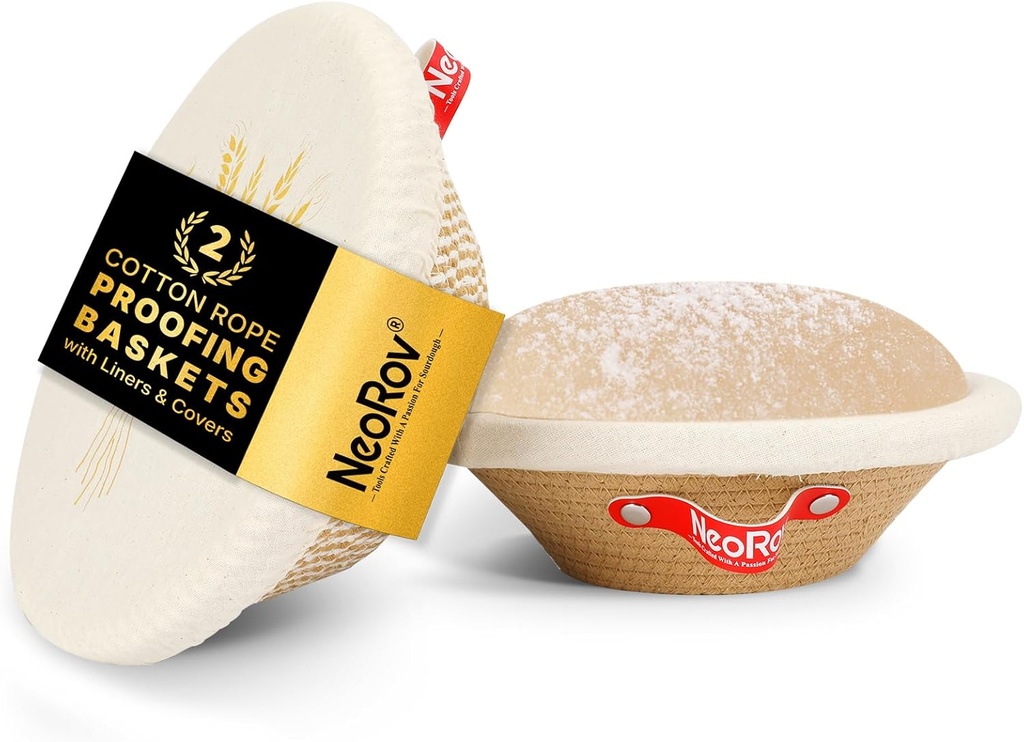 Cotton Rope Proofing Basket Set - 2X Round Sourdough Baskets - Sourdough Proofing Basket & Cloth Cover - Bread Proofing Basket - Sourdough Bread Baking Supplies