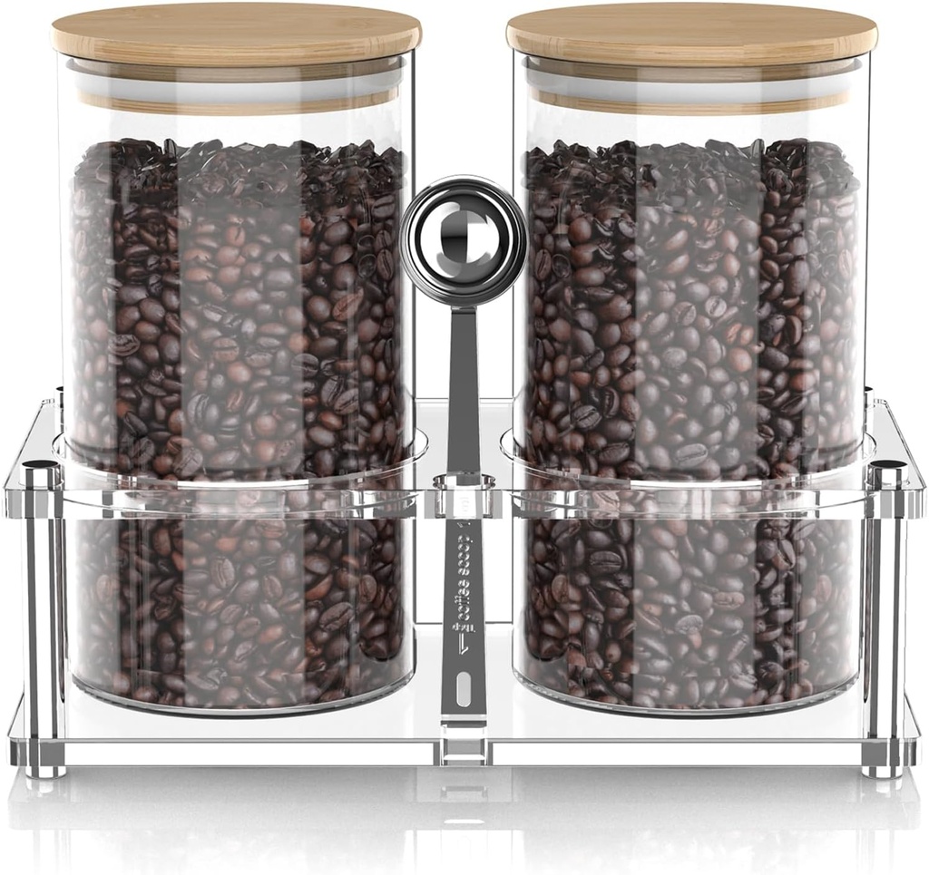 Glass Coffee Containers with Acrylic Shelf, 2pcs 44oz Food Storage Containers with Airtight Lids for Kitchen, Sugar, Nut, Tea