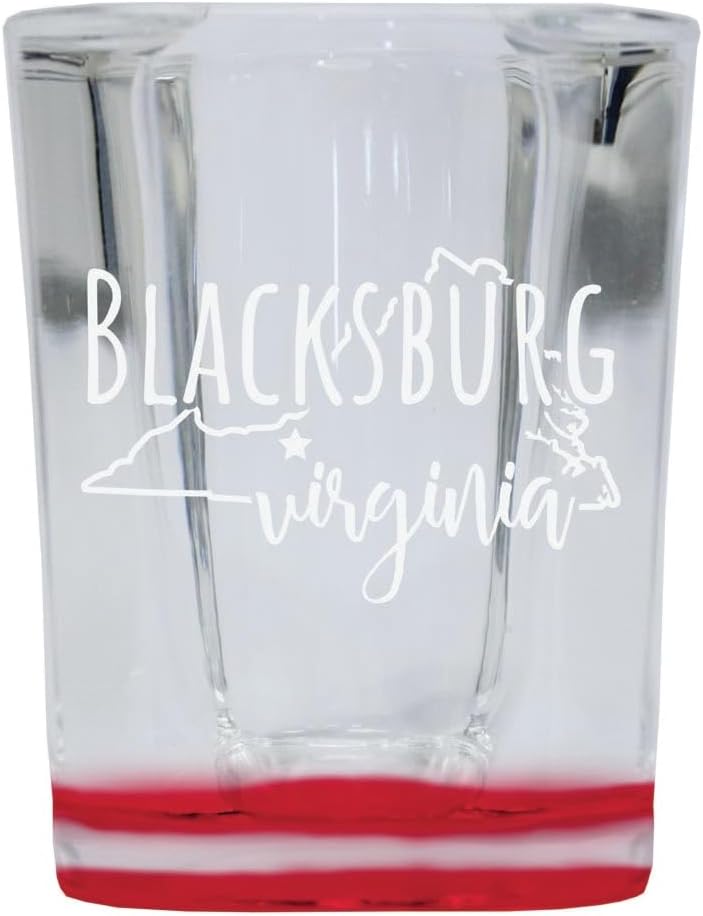 R and R Imports Blacksburg Virginia Souvenir 2 Ounce Engraved Shot Glass Square Red Base 4-Pack