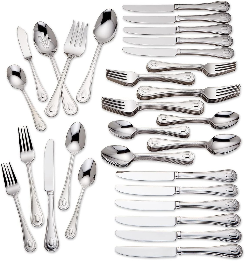 Lenox Silverware Set For 12, French Perle 65-Piece Flatware Set with Serving Utensils, Service For 12, Elegant 18/10 Stainless Steel Utensils with Beading, Knives Spoons & Forks (Silver, 65 Piece)