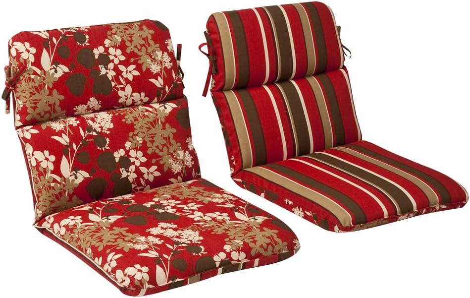 Pillow Perfect Reversible Floral Stripe Indoor/Outdoor 1 Piece Split Back Round Corner Chair Seat Cushion with Ties, Deep Seat, Weather, and Fade Resistant, 40.5" x 21", Brown/Red Monserrat, 1 Count