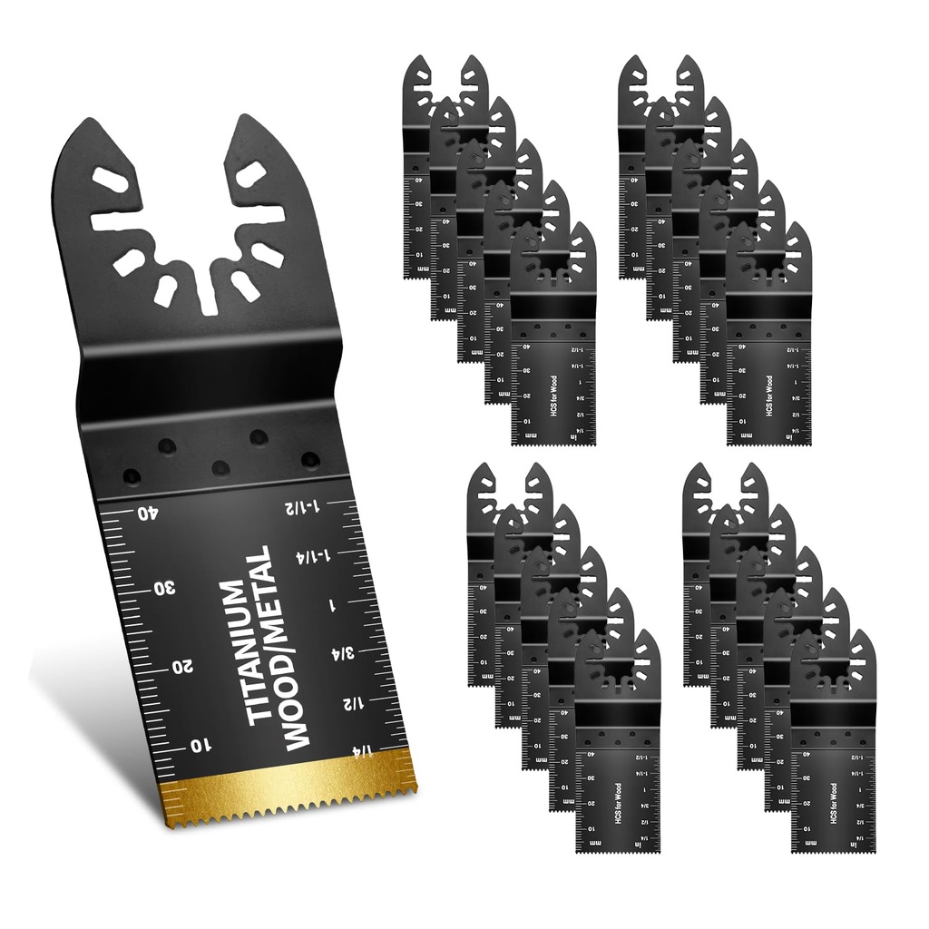 20PCS Oscillating Tool Blades, Professional Universal Titanium Oscillating Saw Blades Multitool Blades Kits for Wood Plastics Metal, Dewalt Ryobi Fein Milwaukee（1 titanium blade 19 wood blades）