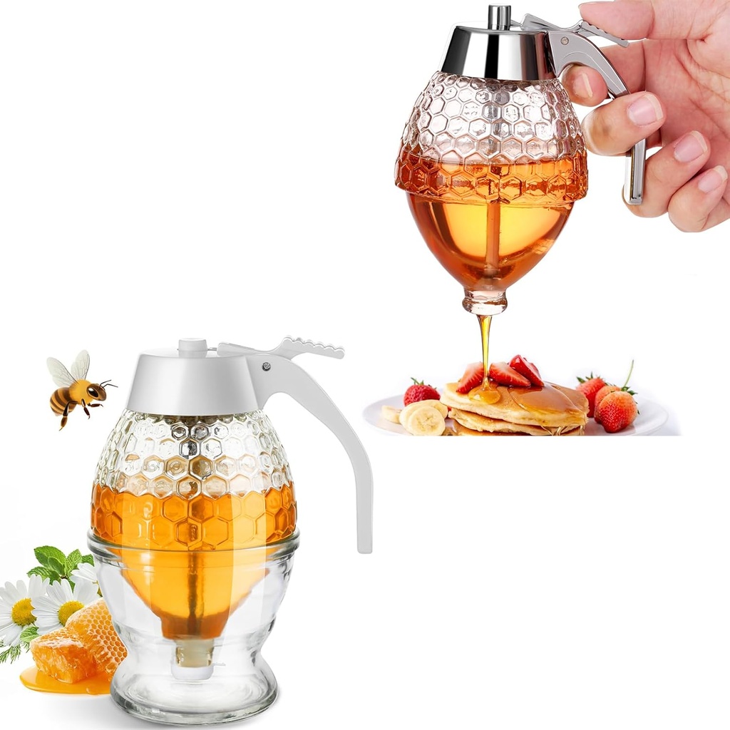 Silver and White Honey Dispenser No Drip Glass with Stand