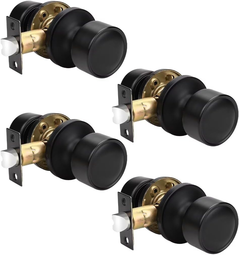 Indoor Matte Black Door Knobs Interior 4 Pack for Closet and Hallways, Modern Kitchen Black Door Handle Interior, Flat Passage Closet Door Knobs Keyless No Lock