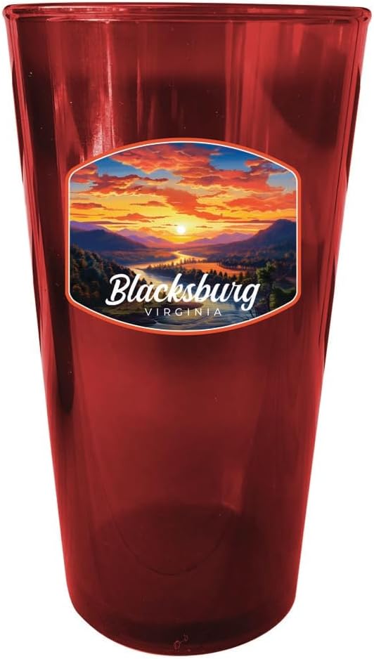 R and R Imports Blacksburg Virginia Blue Ridge Sunset Design Souvenir Plastic 16 oz pint Red 4-Pack