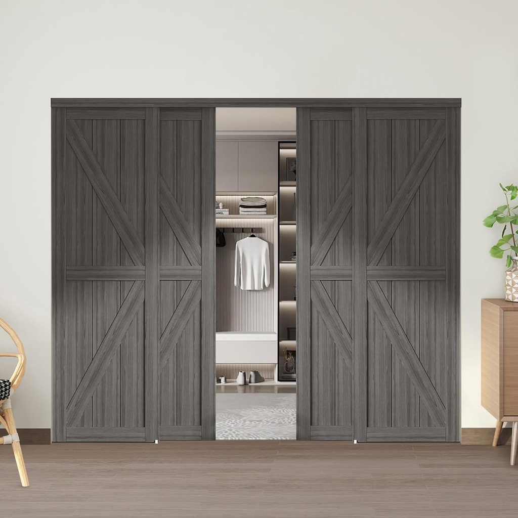 JUBEST 96" x80" Sliding Closet Door, K Style MDF Bypass Closet Door with Hardware Kit & Matching Fascia, Preassembled Solid Wood Slab with Water-Proof PVC Surface, Easy to Install, Grey
