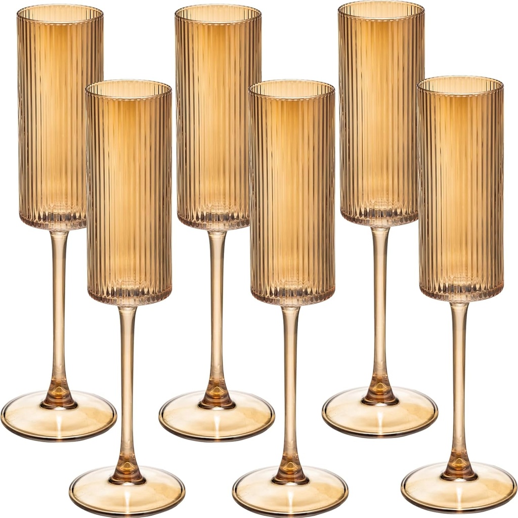 Champagne Flutes Set of 6,Vintage Ribbed Crystal Hand Blown 6 OZ Goblet Champagne Glasses Long Stem,Elegant Sparkling Wine Stemware Drinking Cocktail Unique Gift for Birthday, Wedding, Anniversary