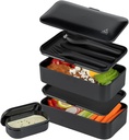 Restaurantware Bento Tek 40.5 Ounces Stackable Lunch Box 1 Reusable Adult Lunch Container - With Utensils Included Sauce Cup Black Plastic Layered Lunch Box Microwavable Dishwashable
